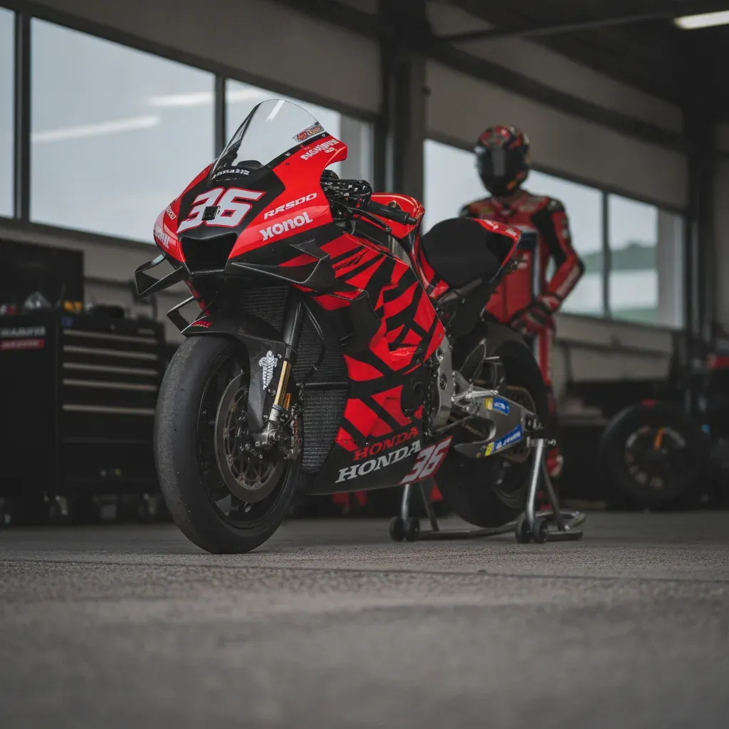 The Honda HRC Castrol MotoGP bike prepared for racing in the team's garage.