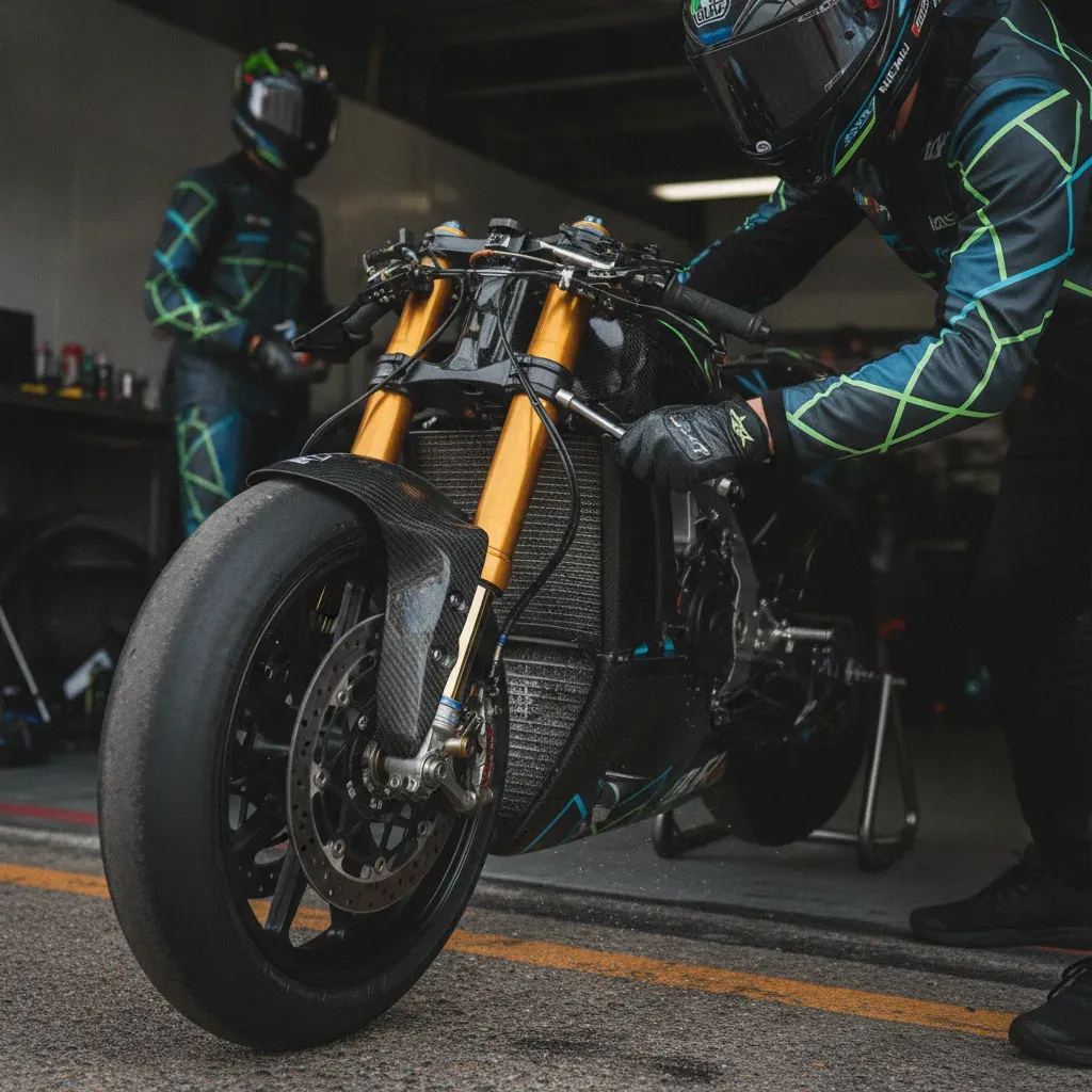 A mechanic makes a fine adjustment to the front end of a MotoGP bike in the pit garage.