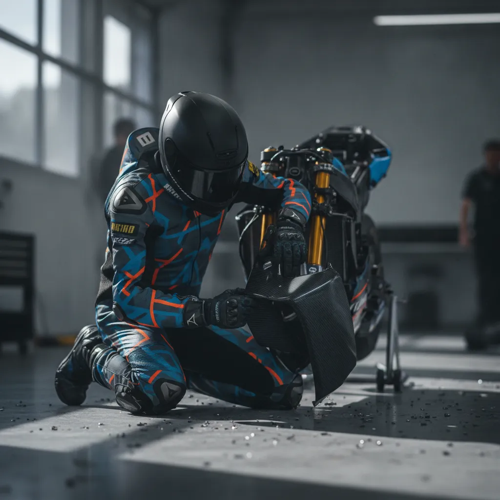 A mechanic works on the technical assembly of a Yamaha MotoGP bike in a workshop.