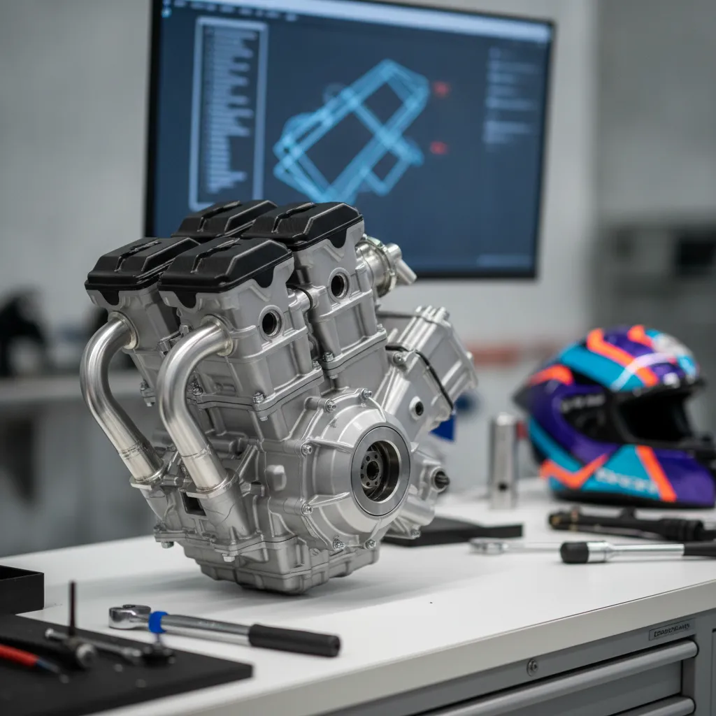 A new 850cc MotoGP engine sits on a workbench, symbolising the 2027 technical rule changes.