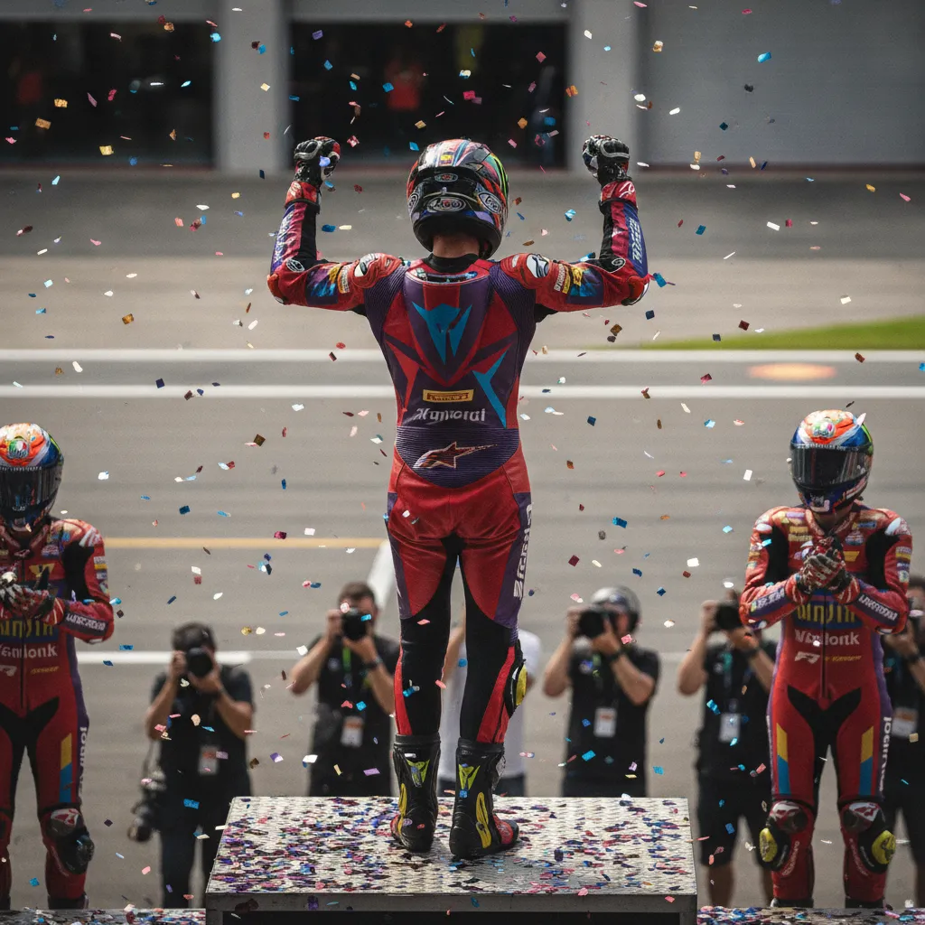 A MotoGP rider in red and purple leathers celebrates a victory on the podium.