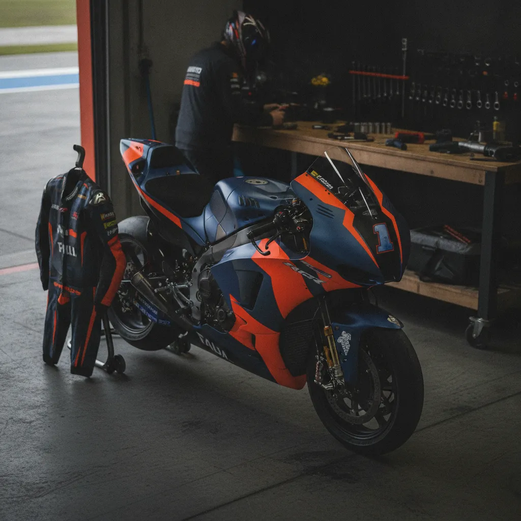 Rider Jorge Martin in his pit garage, intently discussing race data with an engineer.