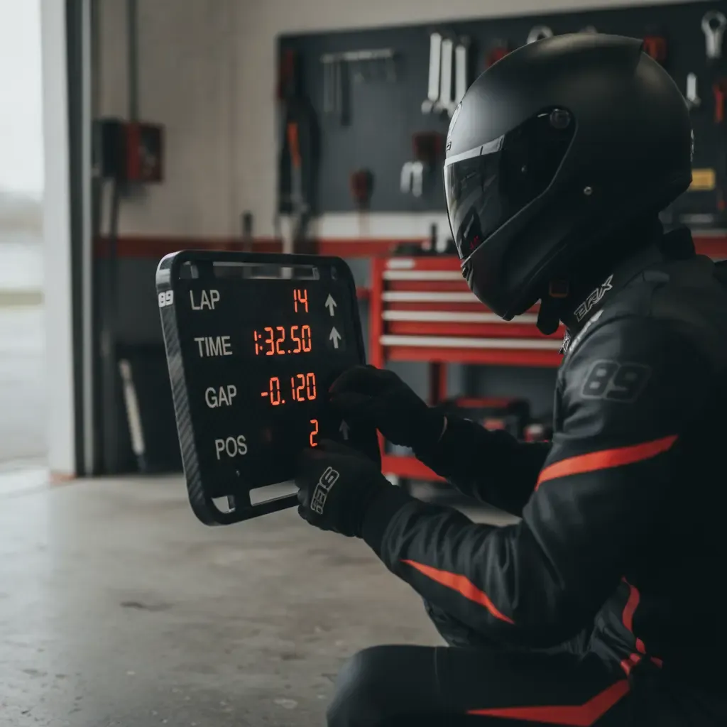 A rider in full leathers holds a MotoGP pit board showing lap, time, gap and position.