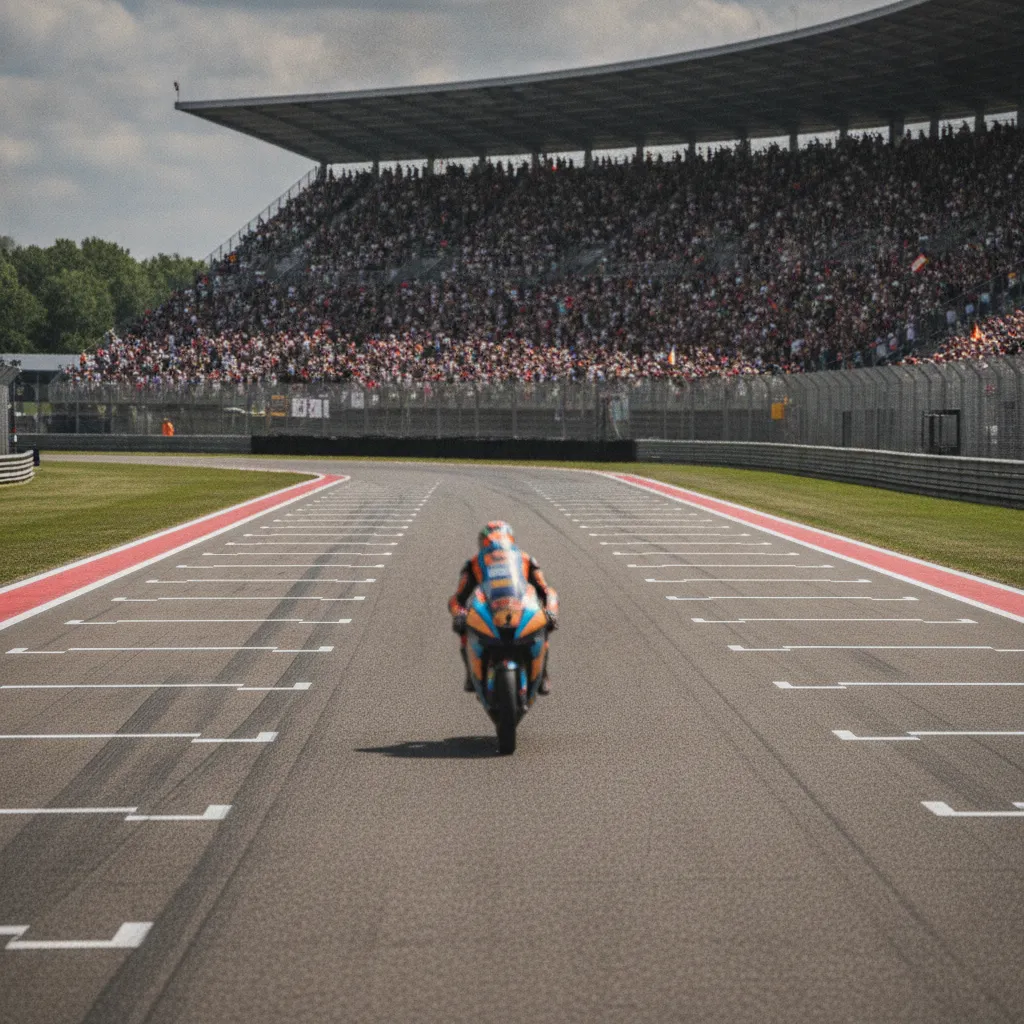 The empty starting grid at the TT Circuit Assen, with the main grandstand full of spectators in the background ahead of a race.