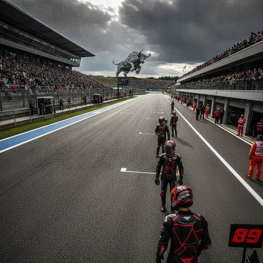 A wide view of the Red Bull Ring circuit in Austria, with packed grandstands and the famous Bull sculpture, ready for a MotoGP race.
