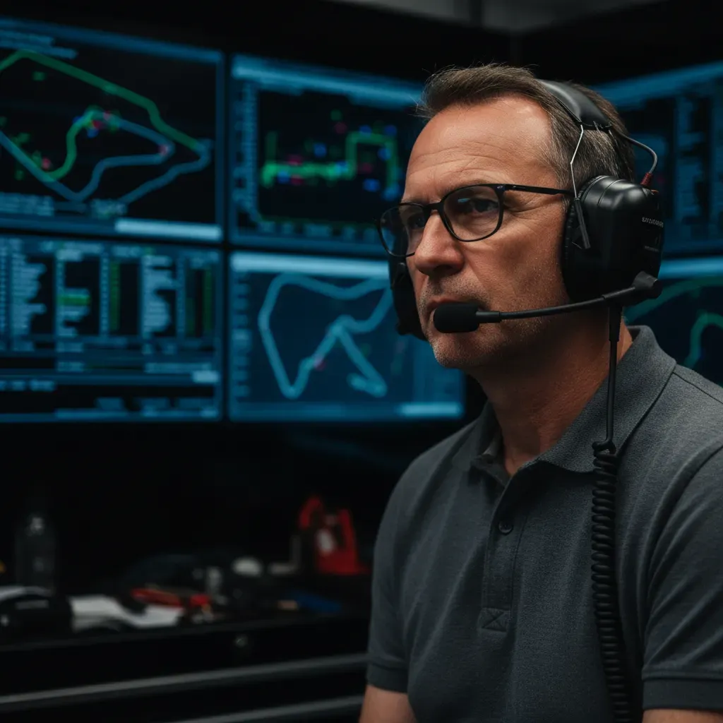 A candid, shoulder-level shot of a calm, focused team principal in his late 50s, wearing a headset and a plain team polo