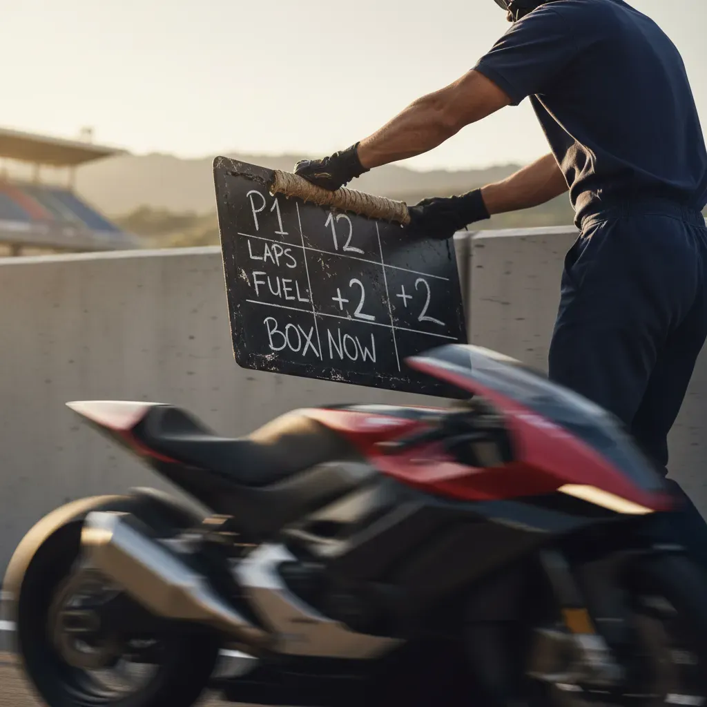Atmospheric shot from behind a mechanic wearing a plain team uniform, holding a pit board over the track wall during a p