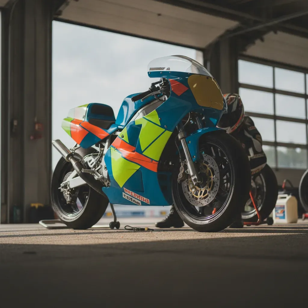 A classic Grand Prix motorcycle from a previous era displayed in a pit garage.