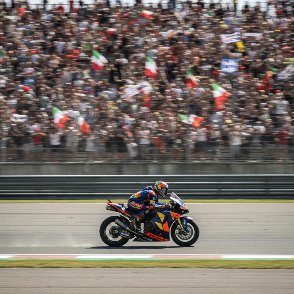 A large, enthusiastic crowd of fans fills the grandstands at the Misano circuit.