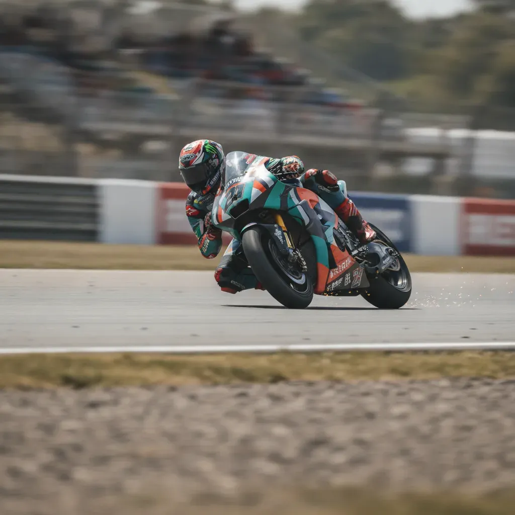 An Italian MotoGP rider leans his bike at a sharp angle while cornering at high speed on a race circuit.