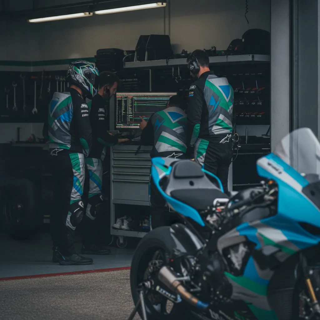 A team of Honda mechanics and engineers analysing data on a screen inside the MotoGP pit garage.
