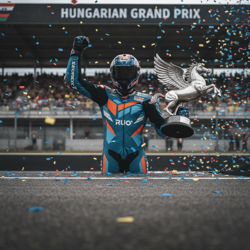 A rider celebrates a victory on the podium at the Hungarian Grand Prix.
