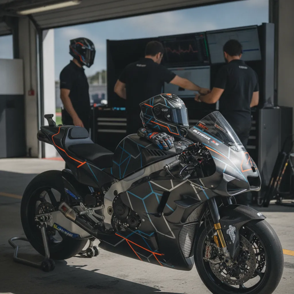 A rider's helmet and gloves sit on a MotoGP bike inside the team garage, representing the focus required for a championship fight.