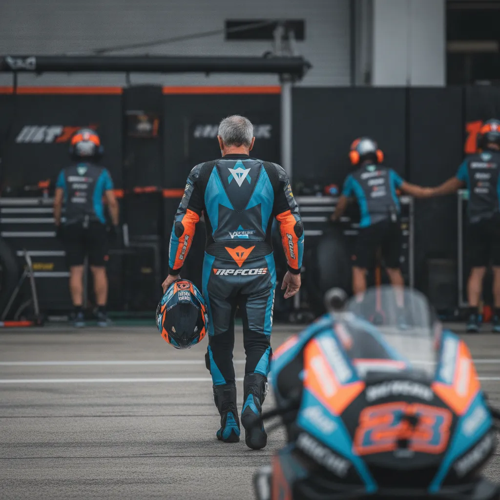 A MotoGP rider walks calmly through the pit lane, carrying his helmet.