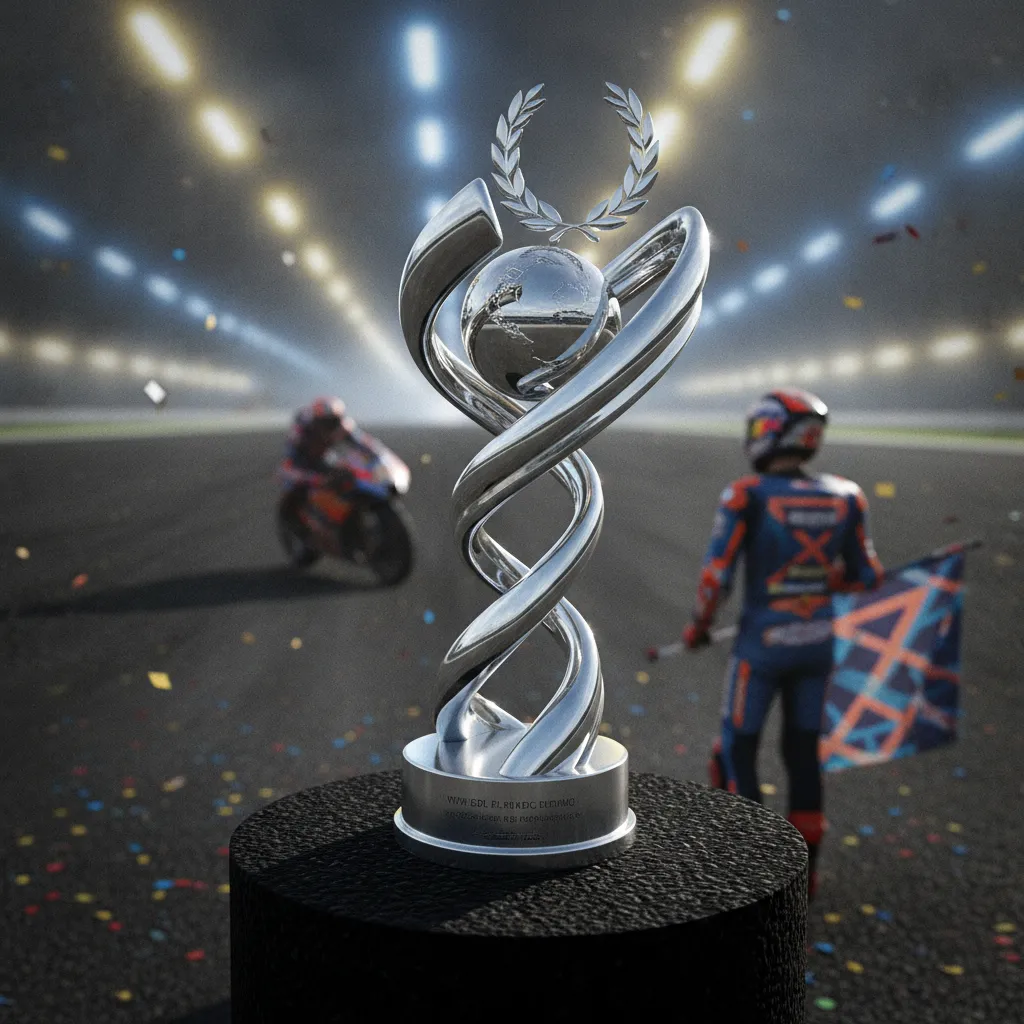 The silver MotoGP World Championship trophy is displayed on a podium.
