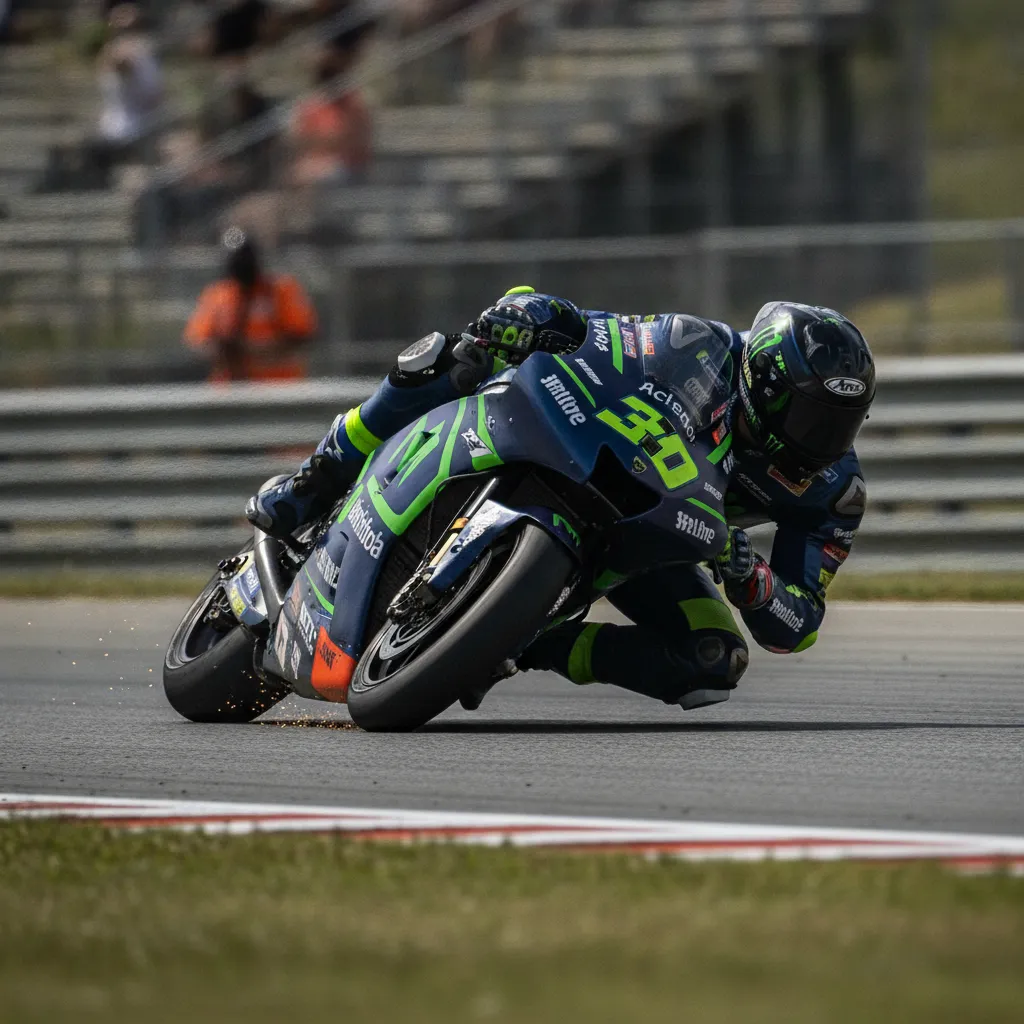 A MotoGP rider leans at an extreme angle through a corner, with his elbow dragging along the track surface.