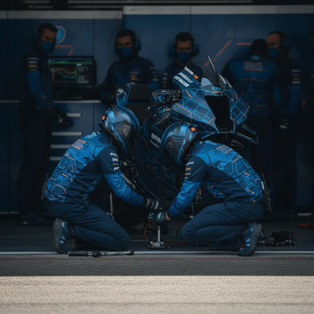 A team of mechanics work on a prototype race motorcycle inside a professional MotoGP garage.