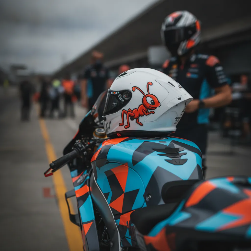 A close-up of a racing helmet with a famous cartoon ant logo resting on a MotoGP motorcycle.