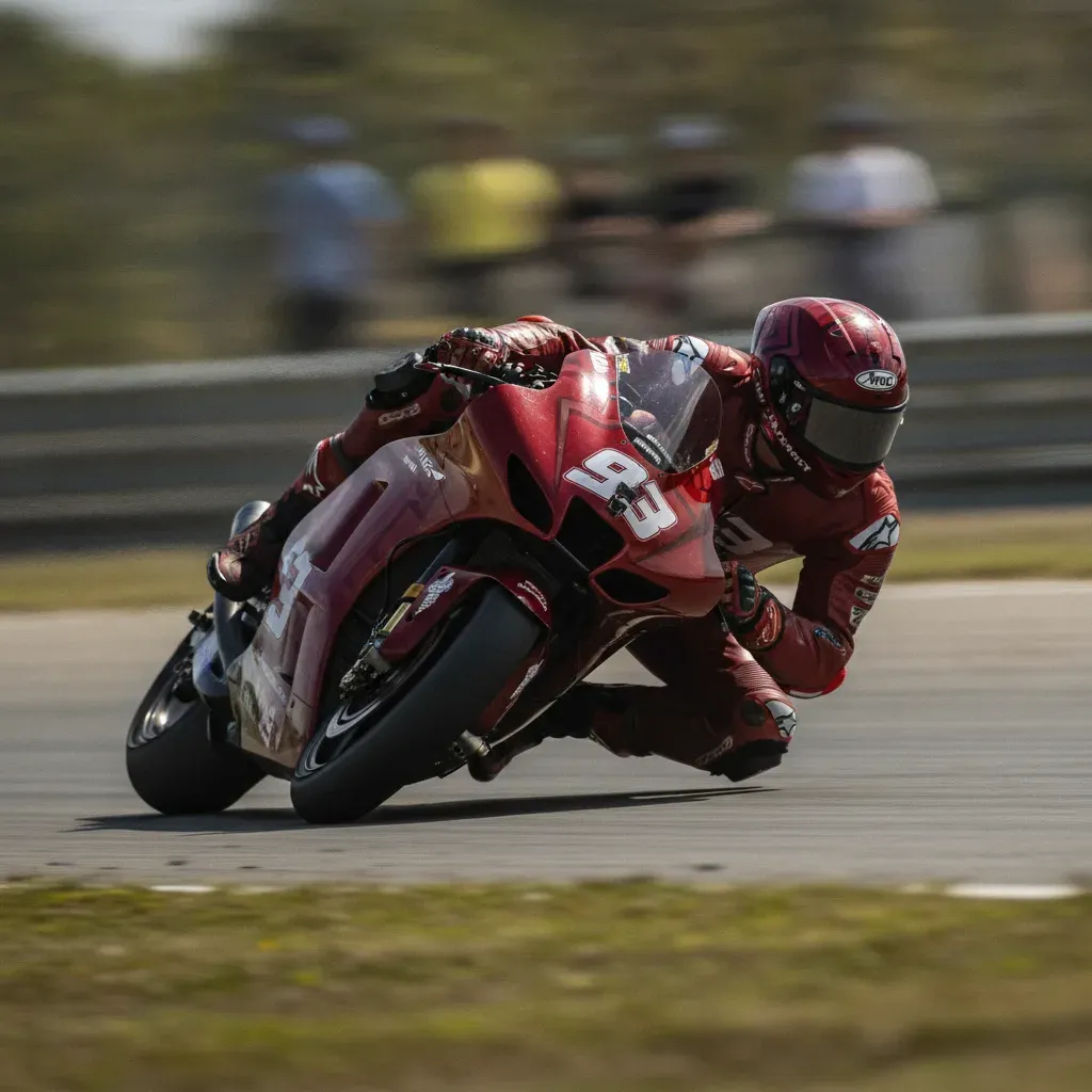 A MotoGP rider leans at an extreme angle, demonstrating the physical strength needed to control the bike.