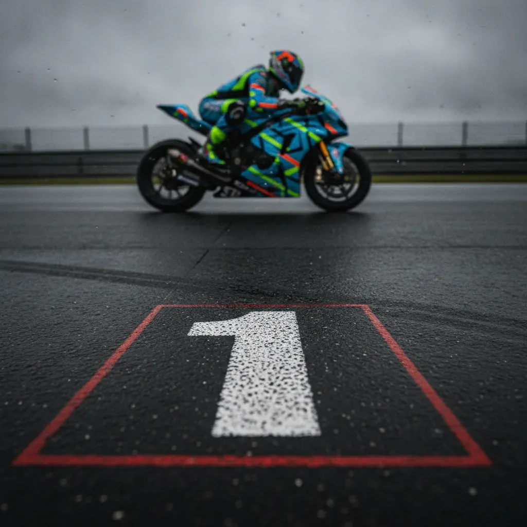 A MotoGP bike creates a plume of spray on the damp track surface during qualifying at the Sachsenring.