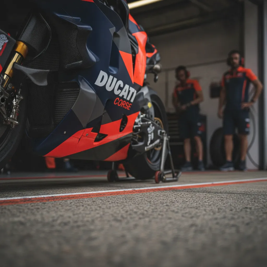 A close-up view of the Ducati branding on the side of a MotoGP race machine in the garage.