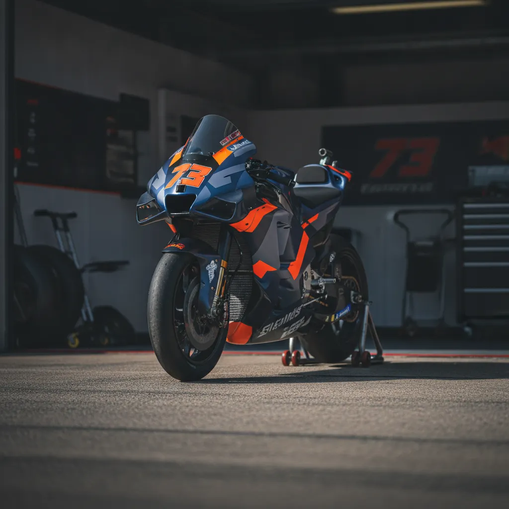 A close-up view of the handlebars and technical controls of a MotoGP bike inside its team garage.
