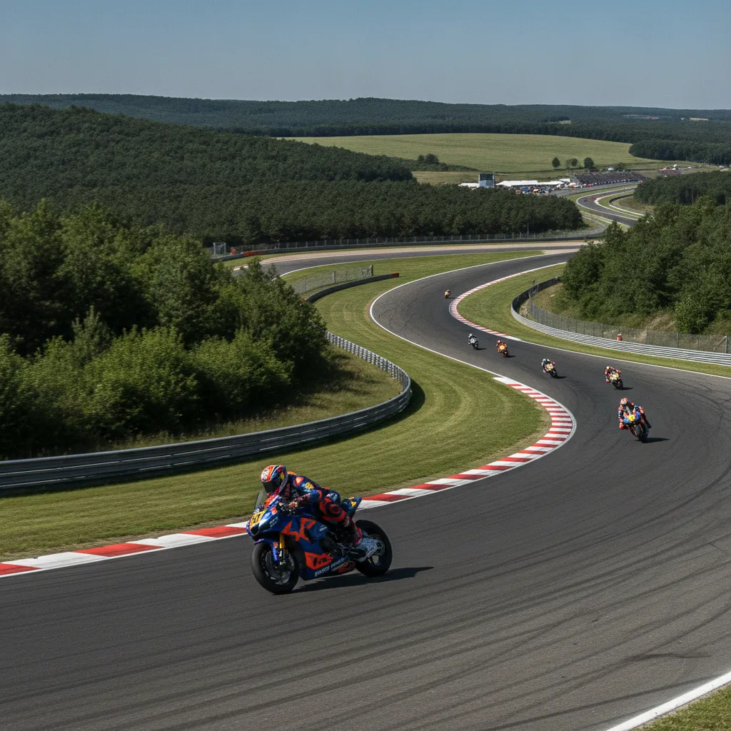 Marc Marquez leans his motorcycle at a sharp angle while cornering at speed during the 2026 Czech Grand Prix.