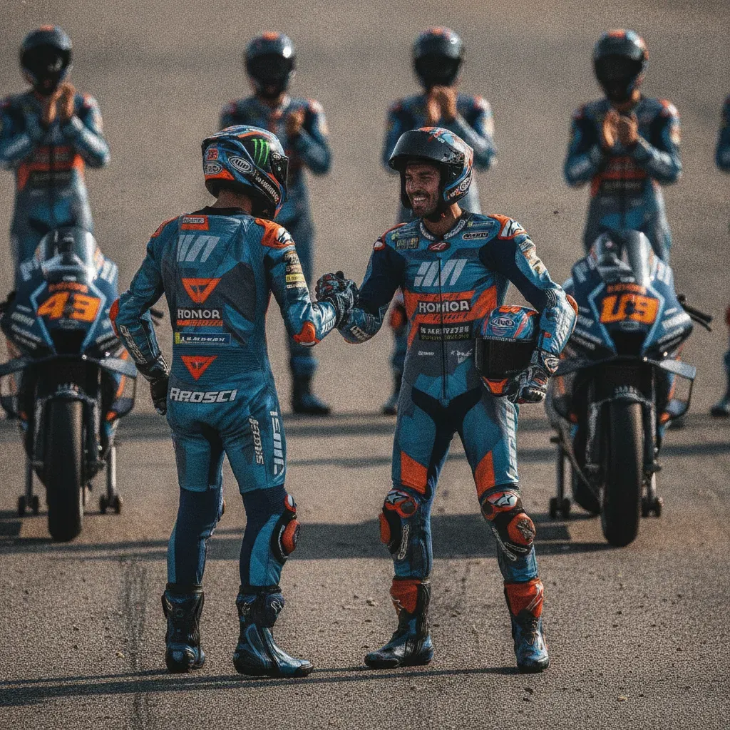 Two victorious riders, representing the Marquez brothers, share a happy moment after finishing first and second.