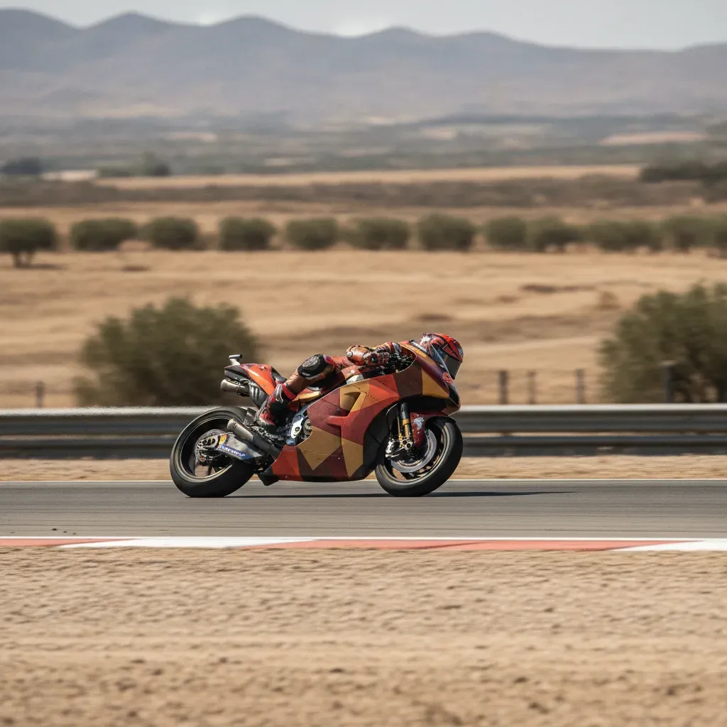 A MotoGP bike at maximum lean angle navigates a corner at the MotorLand Aragon circuit.