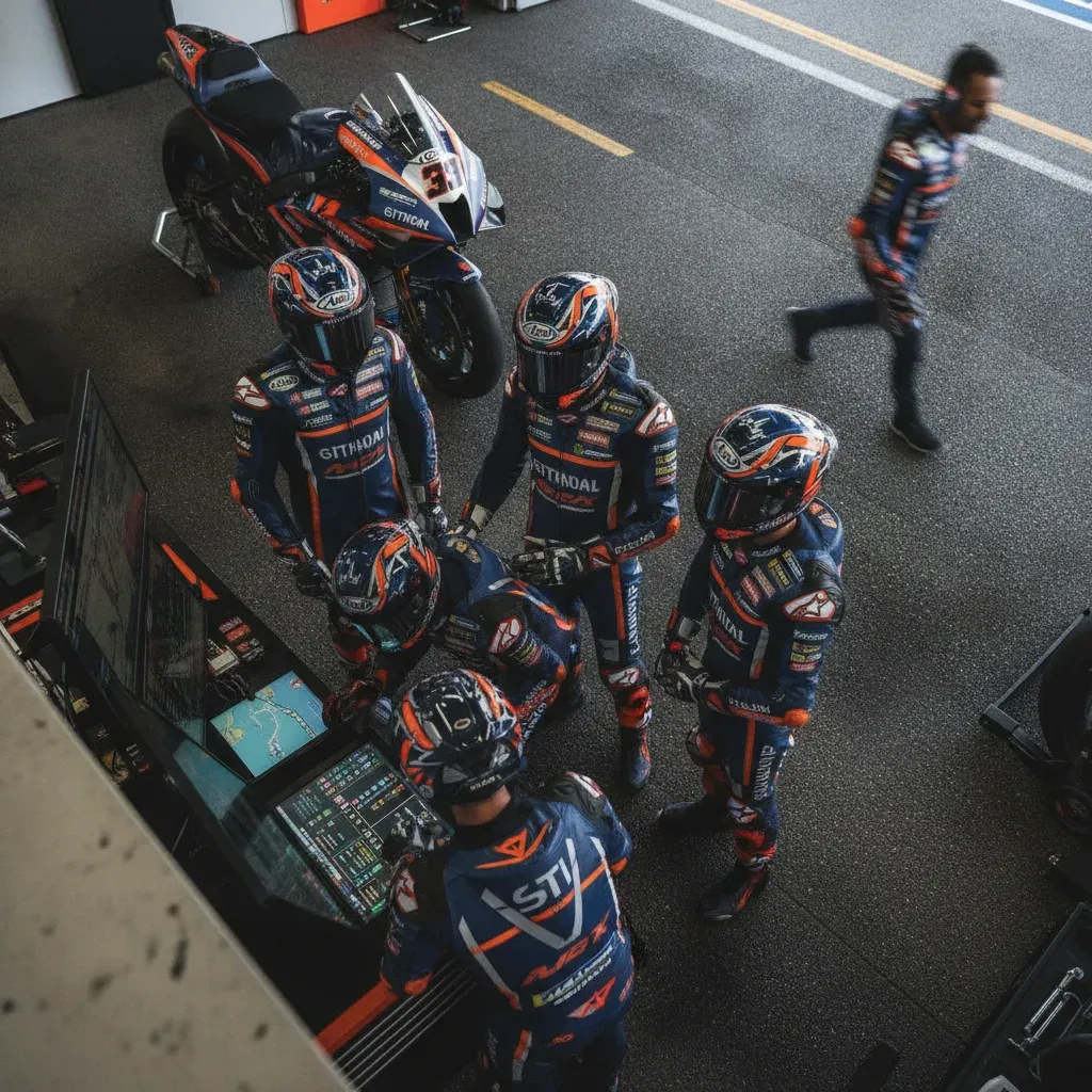 A team of MotoGP mechanics intently watch the timing screens from inside their pit garage during a race.