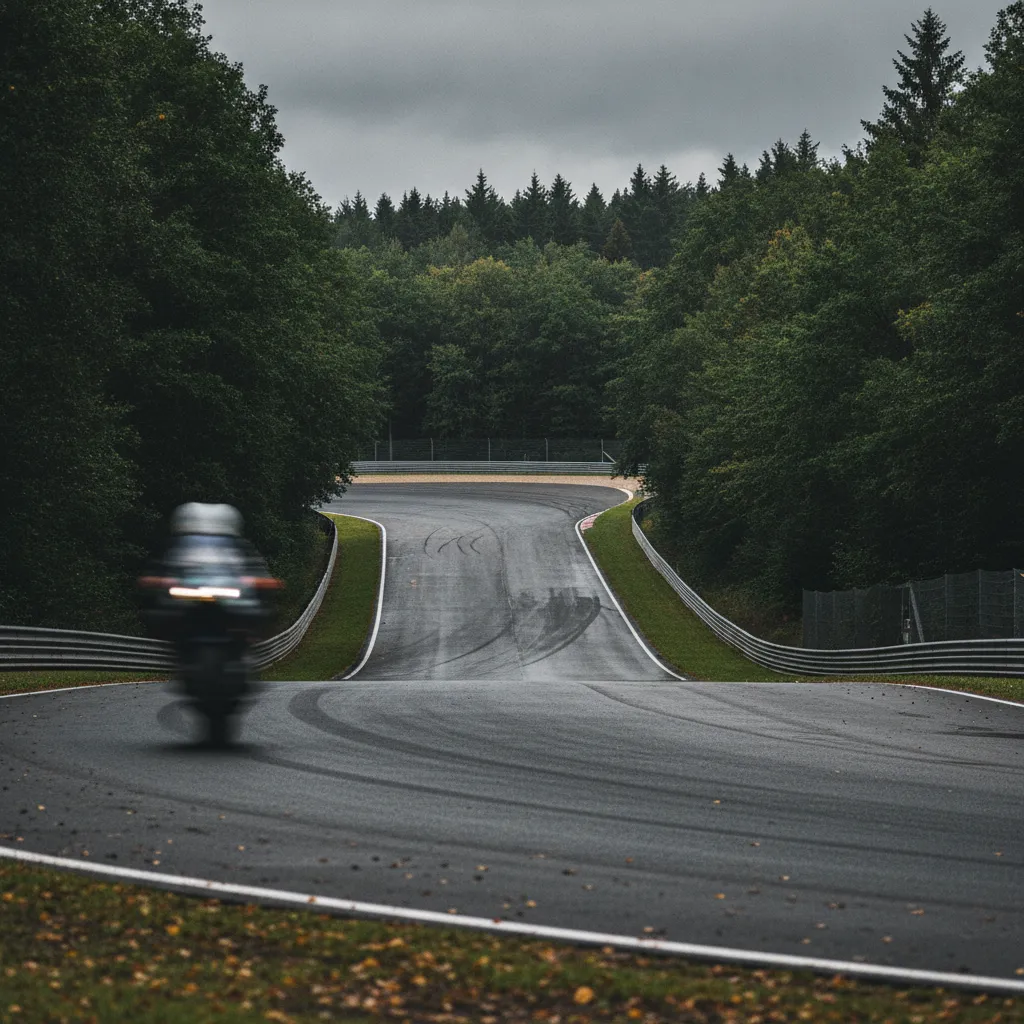 A view of the steep, empty downhill section of the Sachsenring race track in Germany.