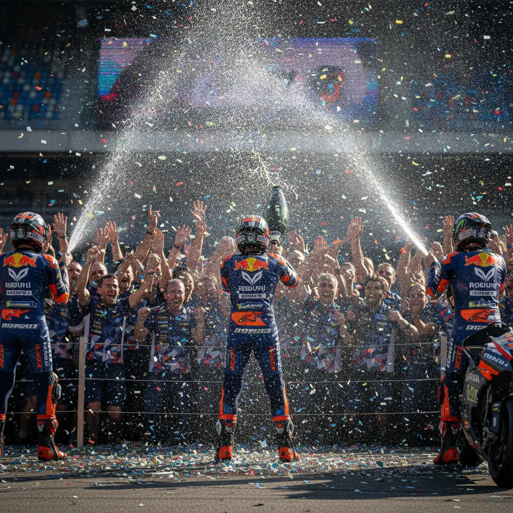 The top three riders celebrating on the podium by spraying prosecco over their teams.