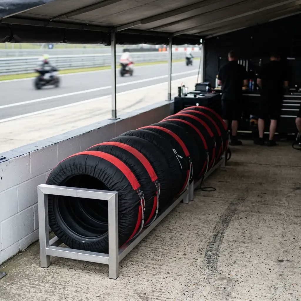 Illustration for our Indonesian GP Sprint story: motorcycle tyres kept warm in tyre warmers along the pit wall.