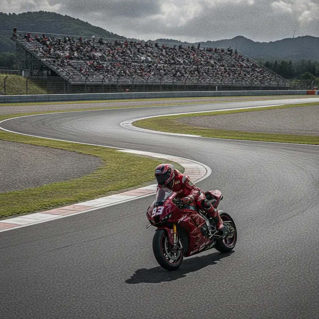 Illustration for our Japanese GP report: a wide view of a circuit and its grandstands.