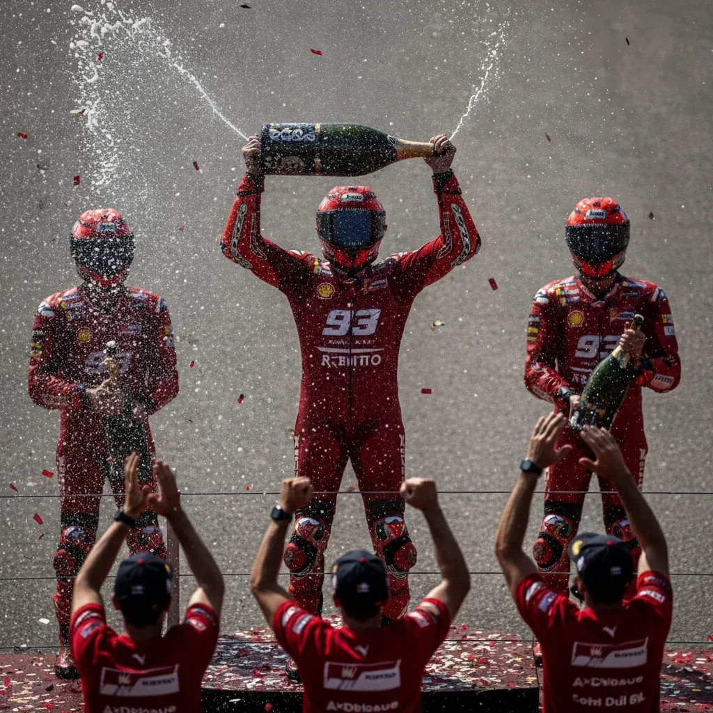 The winner celebrates on the podium after the San Marino Sprint.