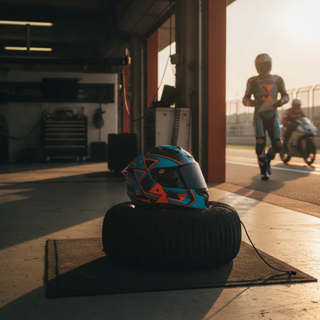 A detailed view of Marco Bezzecchi's number 72 helmet sitting on his Aprilia MotoGP motorcycle in the team garage.