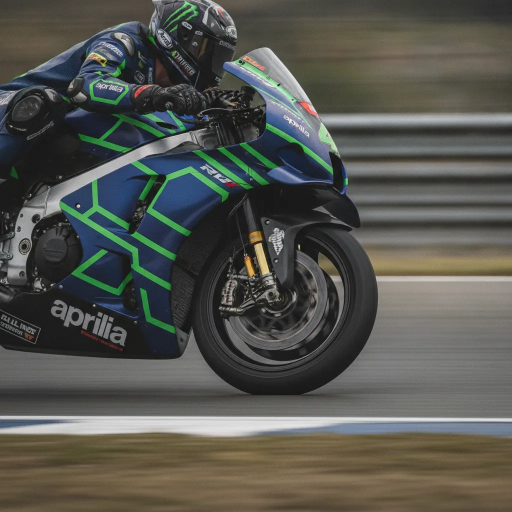 Marco Bezzecchi leans his Aprilia race bike at a dramatic angle while cornering on a circuit.