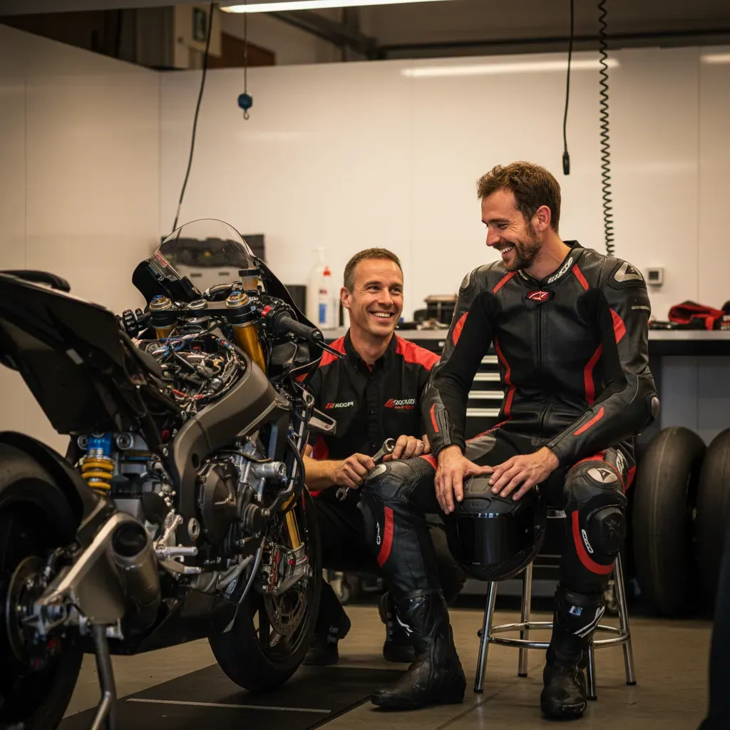 A quiet, candid moment inside a brightly lit pit garage. An anonymous rider in plain black and red team gear sits on a s