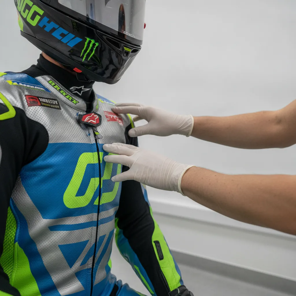 A doctor examines a MotoGP rider's shoulder area in the circuit medical centre.