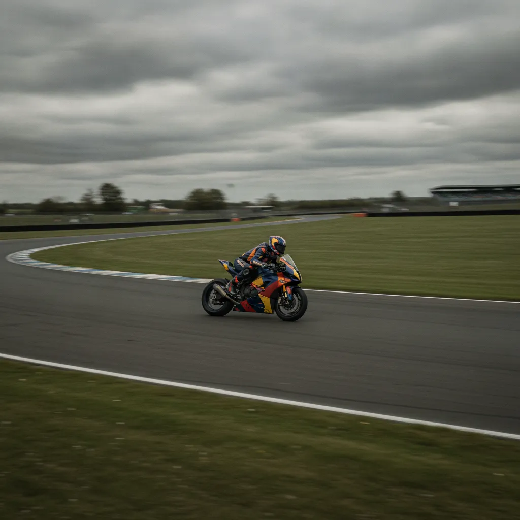 The fast and flowing Maggotts and Becketts section of the Silverstone circuit under a dramatic sky.