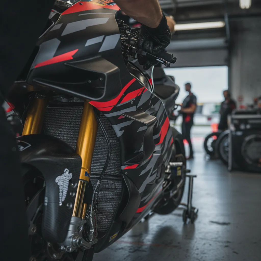 A mechanic makes precise adjustments to the front of an Aprilia MotoGP bike in the team garage.