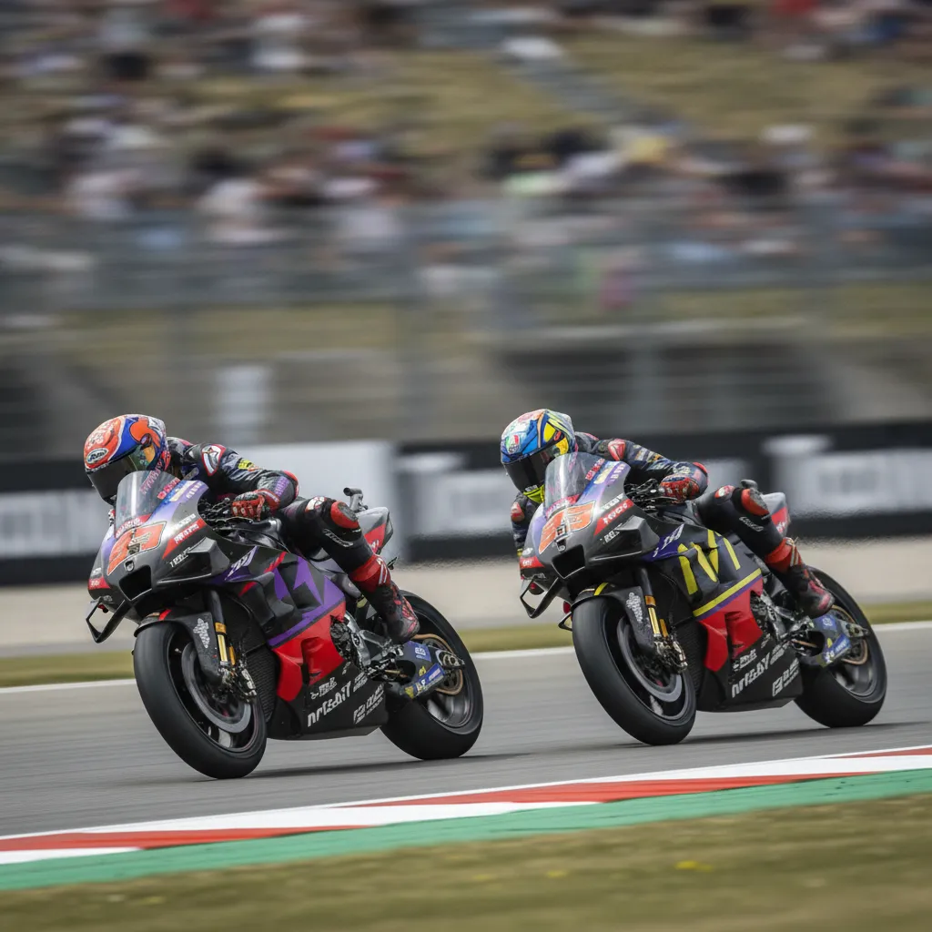 Marco Bezzecchi battles for position with a rival rider as they brake hard into a corner.