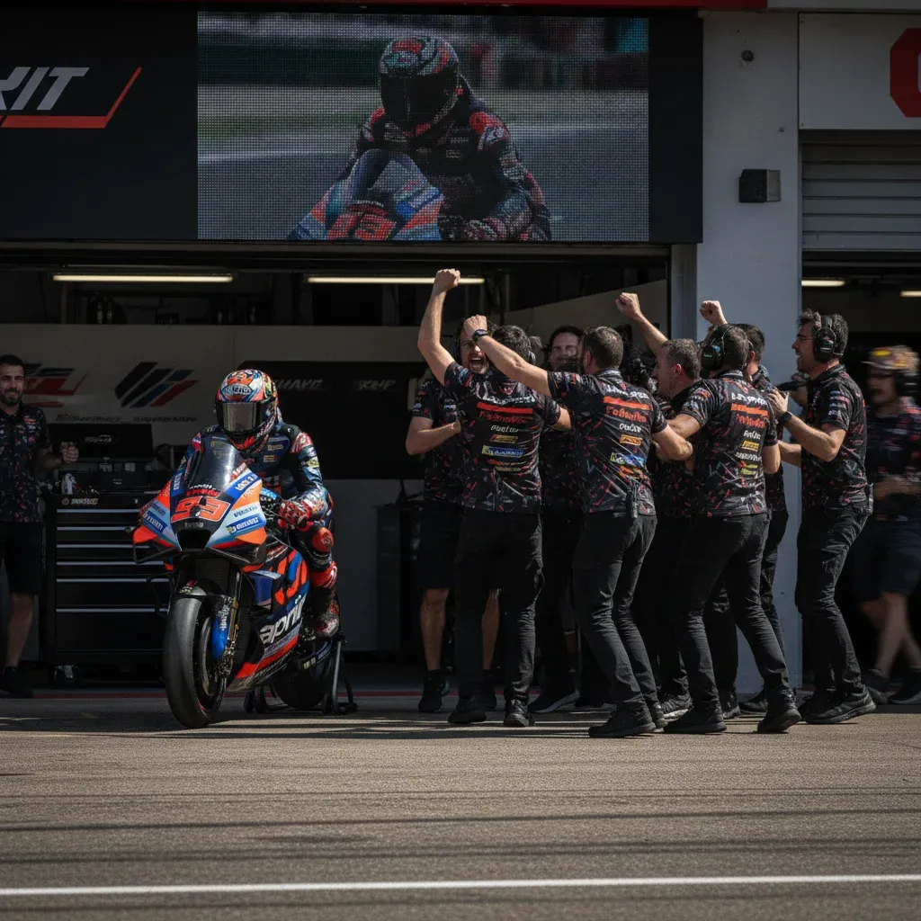 The Aprilia Racing team celebrates a successful result in their pit lane garage.