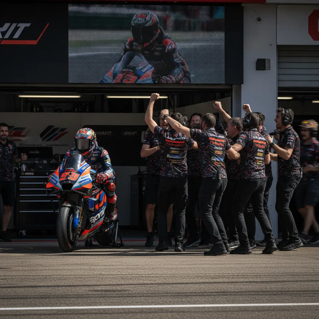 The Aprilia Racing team celebrates a successful result in their pit lane garage.