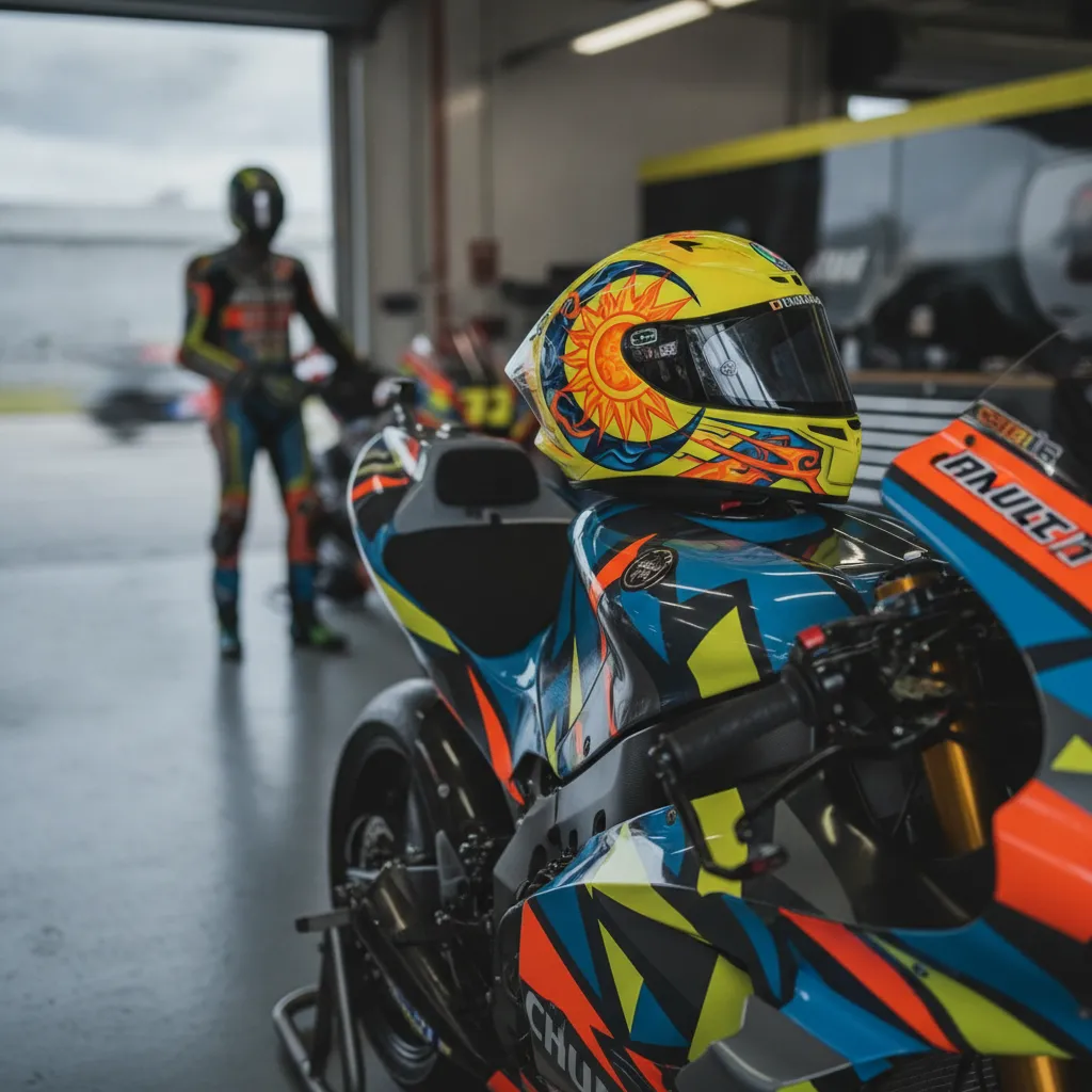 A helmet with colours reminiscent of the VR46 Academy, symbolising Marco Bezzecchi's background.