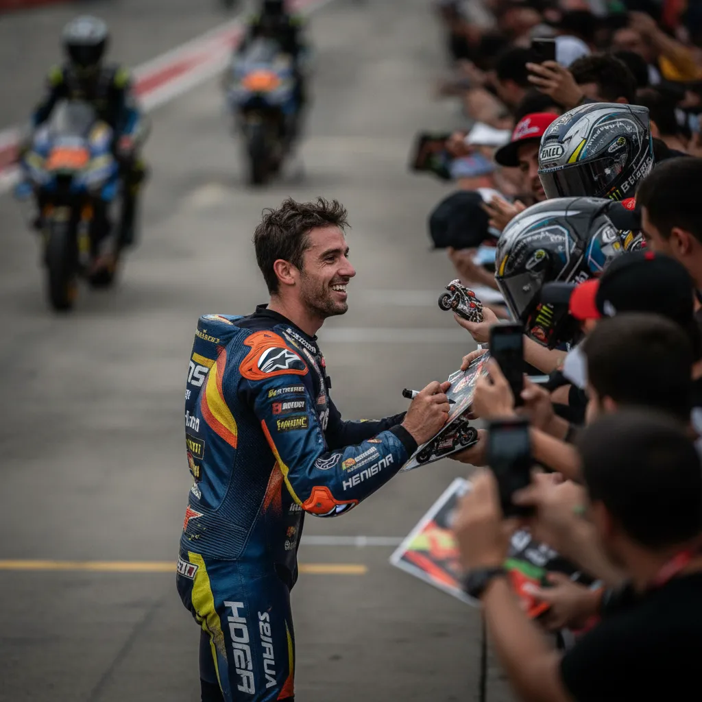 Marco Bezzecchi smiling and interacting with fans, showing his popular and friendly personality.