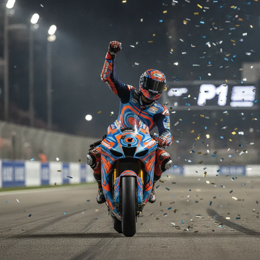A MotoGP rider celebrates winning a race by punching the air as he crosses the finish line.
