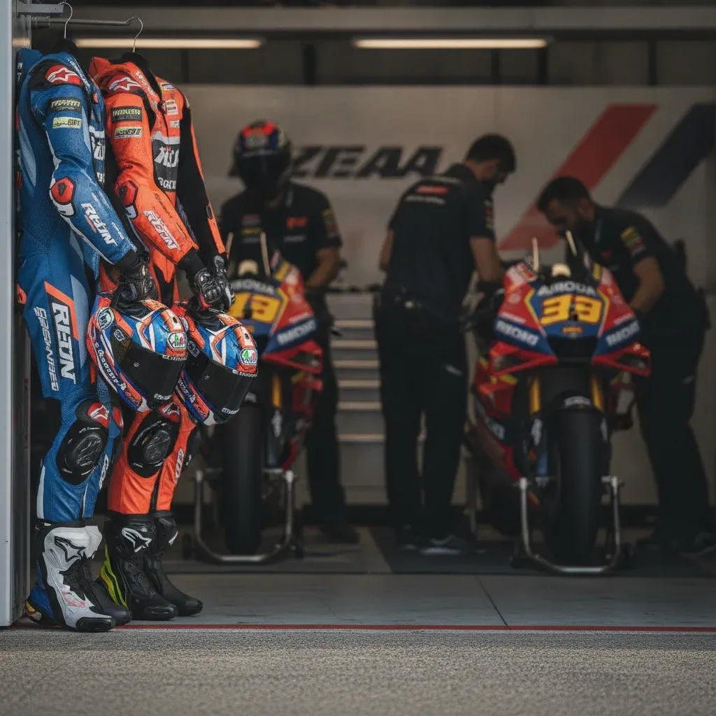 Two sets of MotoGP racing leathers and helmets hanging up inside a busy pit garage.