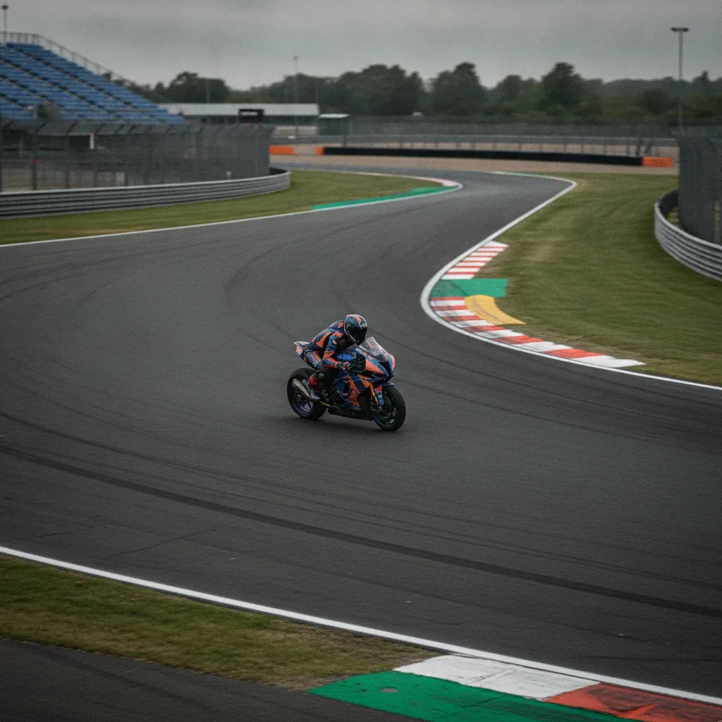 A wide view of the empty track at the Silverstone circuit in Great Britain.