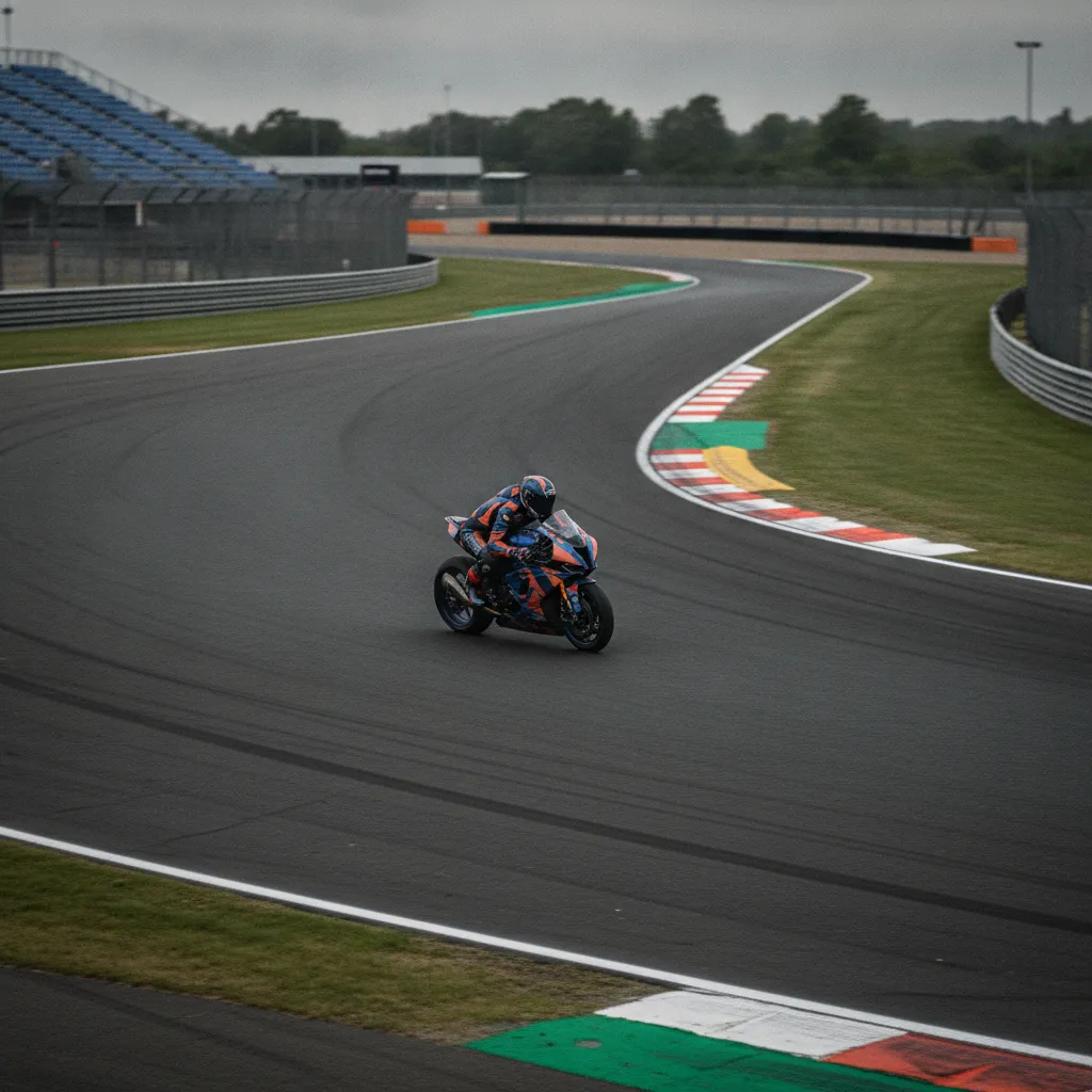 A wide view of the empty track at the Silverstone circuit in Great Britain.